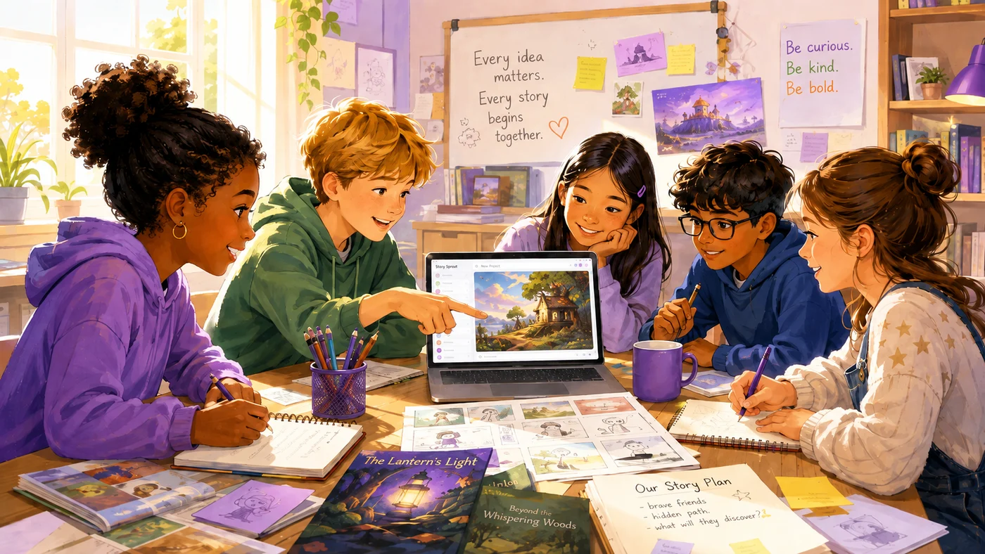 Illustration of five students gathered around a laptop at a classroom table, planning a picture book together. Storybooks, page sketches and notebooks are spread across the table, and a whiteboard behind them reads “Every idea matters. Every story begins together.”