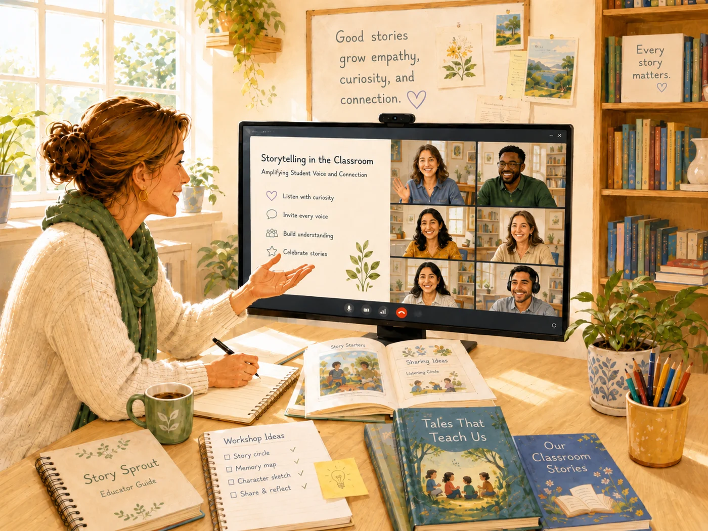 Illustration of an educator leading an online Story Sprout training session. Six participants appear on a video call beside a slide titled “Storytelling in the Classroom”, with a Story Sprout educator guide, workshop notes and picture books spread across the desk.