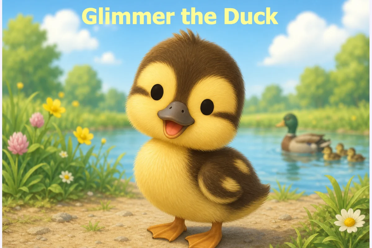 Storybook cover illustration of a duckling standing beside a pond.