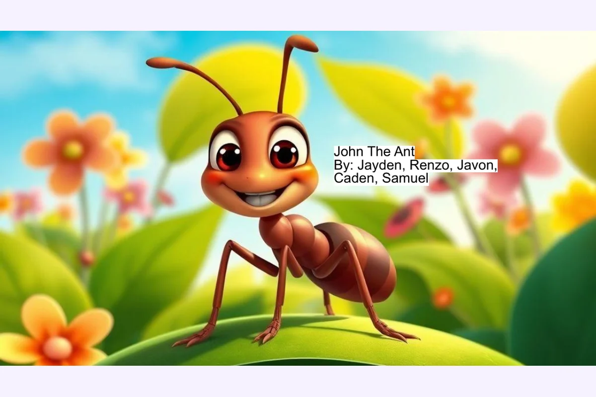 Storybook cover illustration of a red ant, the story's main character.