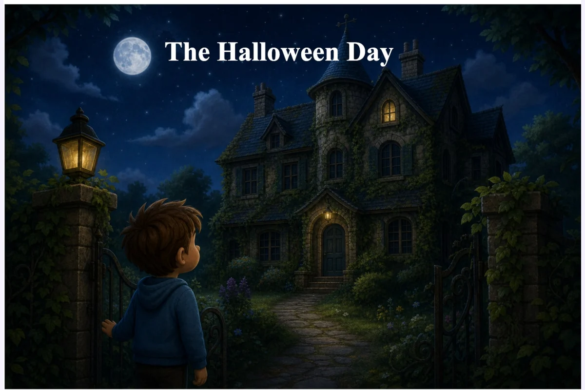 Storybook cover showing a boy standing at the gate of a moonlit house surrounded by trees, beneath the title "The Halloween Day".